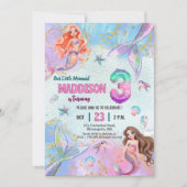 Pink Purple Glitter Mermaids 3rd Birthday Party 招待状 (正面)