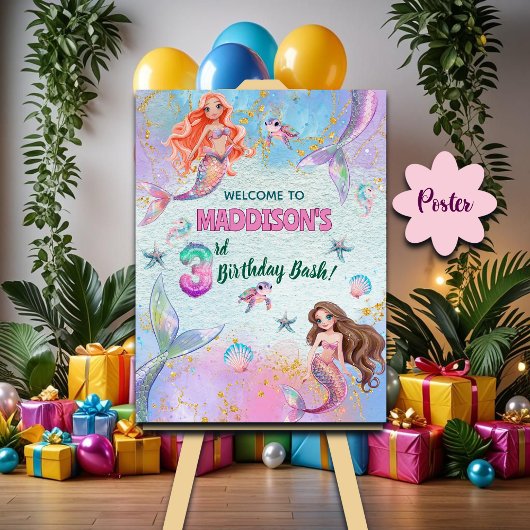 Pink Purple Glitter Mermaids 3rd Birthday Welcome ポスター