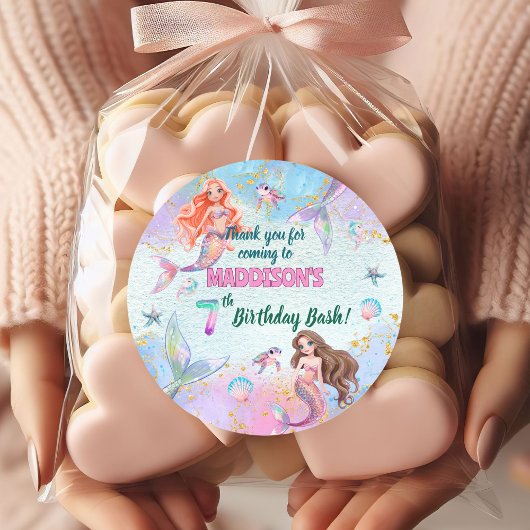 Pink Purple Glitter Mermaids 7th Birthday Party ラウンドシール