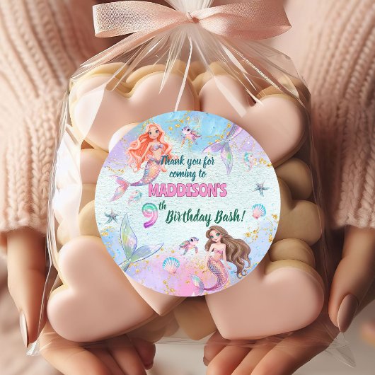 Pink Purple Glitter Mermaids 9th Birthday Party ラウンドシール