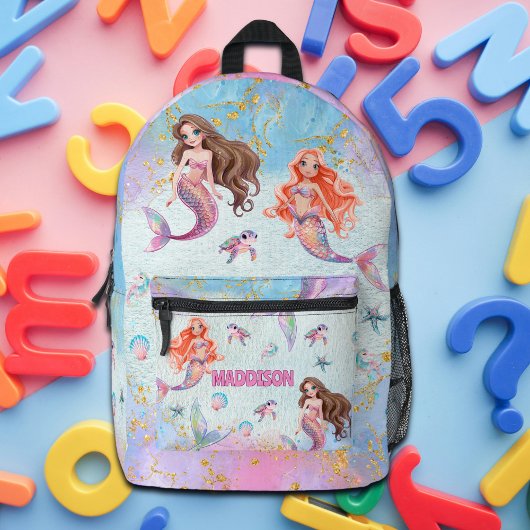 Pink Purple Glitter Mermaids Add Name プリントバックパック