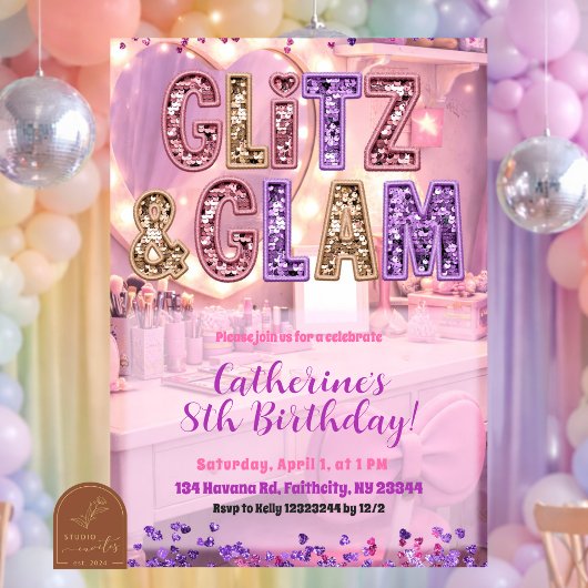 Pink Purple Glitz and Glam Makeup Party Invitation 招待状