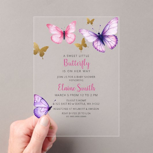 Pink Purple Gold Butterfly Baby Shower アクリル招待状 (インサイチュ (ポータブル))