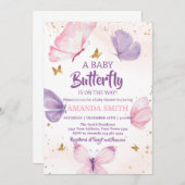  Pink Purple Gold Butterfly Baby Shower 招待状 (正面/裏面)