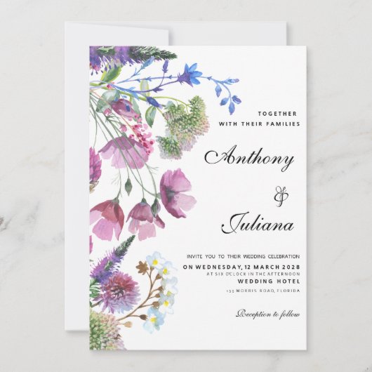  Pink purple lilac wildflower summer Wedding 招待状 (正面)