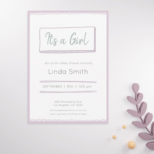 Pink Purple Minimalist Doodle Gender Baby Shower 招待状