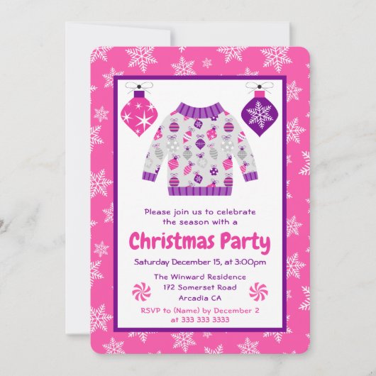 Pink Purple Ornaments Ugly Sweater Christmas Party 招待状 (正面)