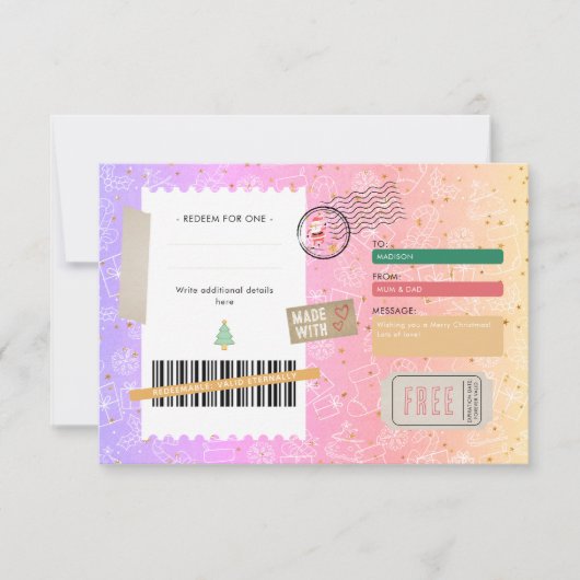 Pink Purple Pattern Christmas Ticket Gift Voucher (正面)
