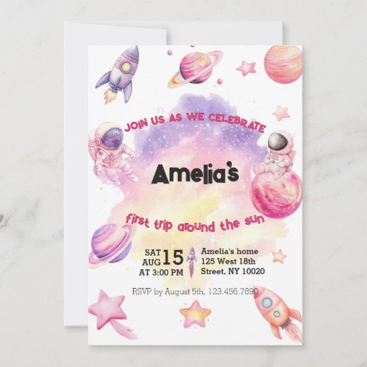 Pink Purple Planet Space First Trip Around the Sun 招待状 (正面)