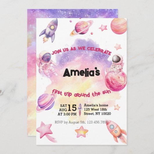 Pink Purple Planet Space First Trip Around the Sun 招待状 (正面/裏面)