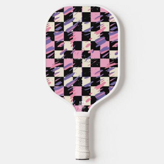 Pink & Purple Retro Checkered Pickleball Paddle ピックルボールラケット (正面)