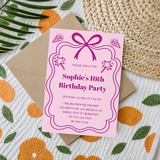 Pink & Purple Ribbon Frame Sweet 16 Birthday Party 招待状