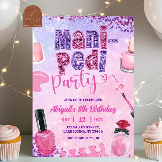 Pink Purple sequin MANI PEDI Party birthday  招待状