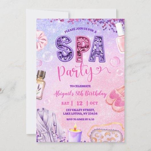 Pink Purple sequin SPA Party Birthday 招待状 (正面)