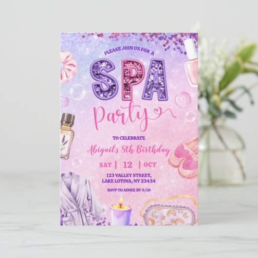 Pink Purple sequin SPA Party Birthday 招待状 (スタンド正面)
