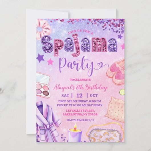 Pink Purple sequin Spajama Party Birthday 招待状 (正面)