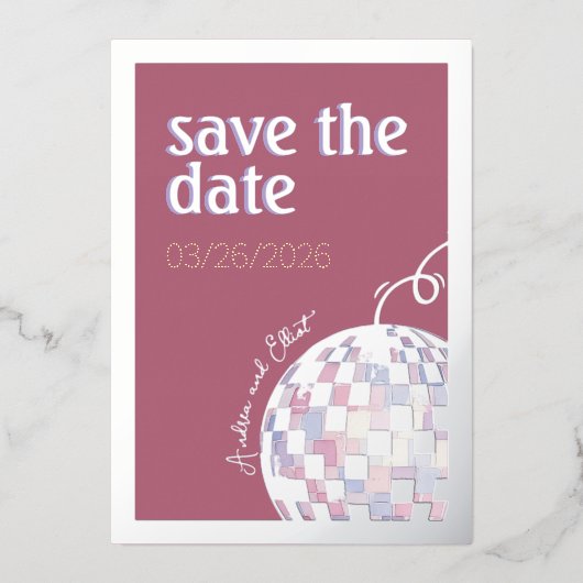 Pink, Purple & Silver Disco Wedding Save the Date 箔招待状 (正面)