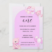 Pink Purple Teddy Bear 1st Birthday Invitation 招待状 (正面)