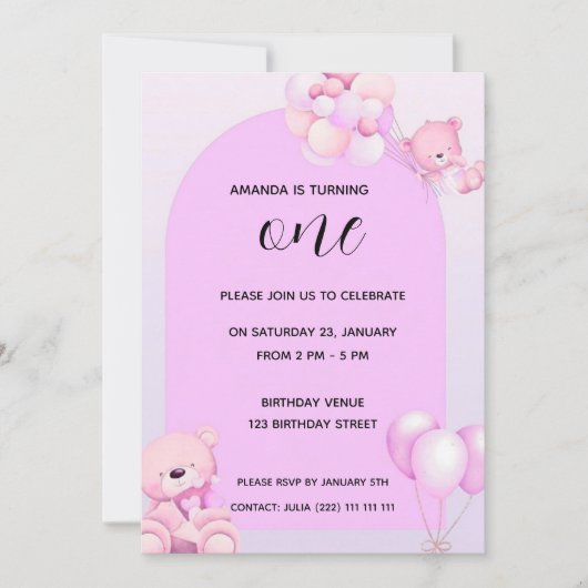 Pink Purple Teddy Bear 1st Birthday Invitation 招待状 (正面)