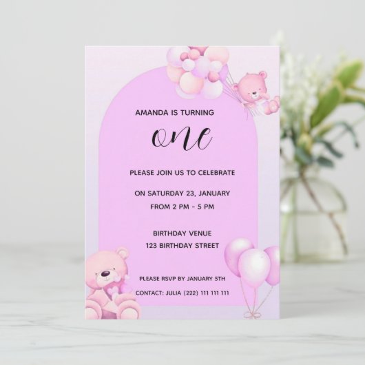 Pink Purple Teddy Bear 1st Birthday Invitation 招待状 (スタンド正面)
