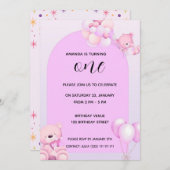 Pink Purple Teddy Bear 1st Birthday Invitation 招待状 (正面/裏面)