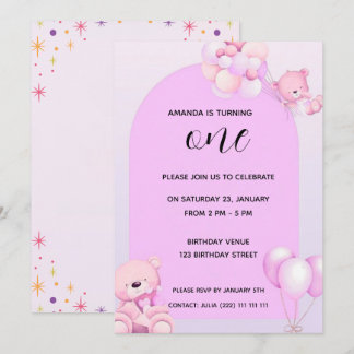 Pink Purple Teddy Bear 1st Birthday Invitation 招待状