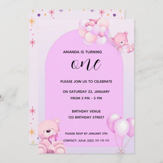 Pink Purple Teddy Bear 1st Birthday Invitation 招待状 (正面/裏面)
