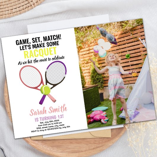 Pink Purple Tennis Birthday Invitations w photo 招待状