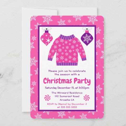 Pink & Purple Ugly Sweater Christmas Party 招待状 (正面)