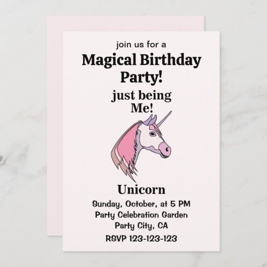 Pink Purple Unicorn Head Magical Birthday Party 招待状 (正面/裏面)