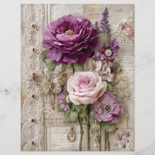 Pink Purple Vintage Junk Journal Scrapbook Paper (正面)