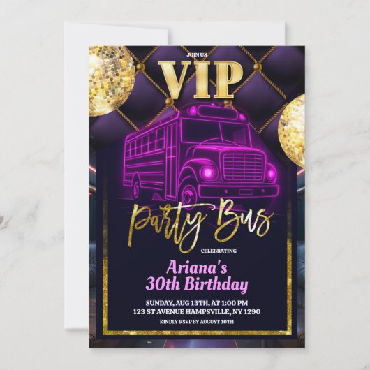 Pink Purple VIP Party Bus Invitation 招待状 (正面)