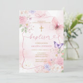 Pink Purple Watercolor Bow Watercolor Girl Baptism 招待状 (スタンド正面)