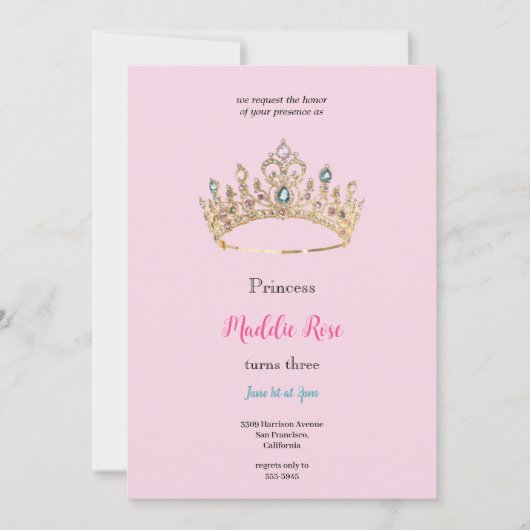 Pink queen crown birthday party invitation 招待状 (正面)