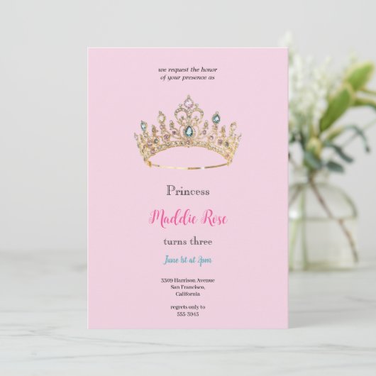 Pink queen crown birthday party invitation 招待状 (スタンド正面)