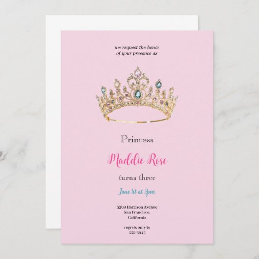 Pink queen crown birthday party invitation 招待状 (正面/裏面)