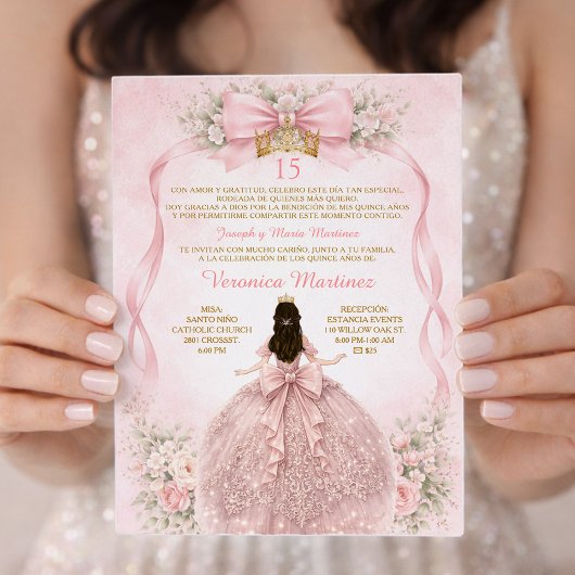 Pink Quinceañera Blush Bow Floral Sweet 招待状