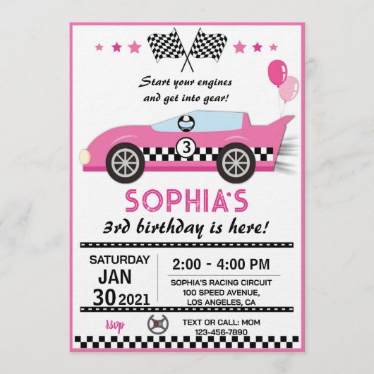 Pink Race Car Birthday Party 招待状 (正面)