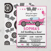 Pink Race Car Birthday Party 招待状 (正面/裏面)