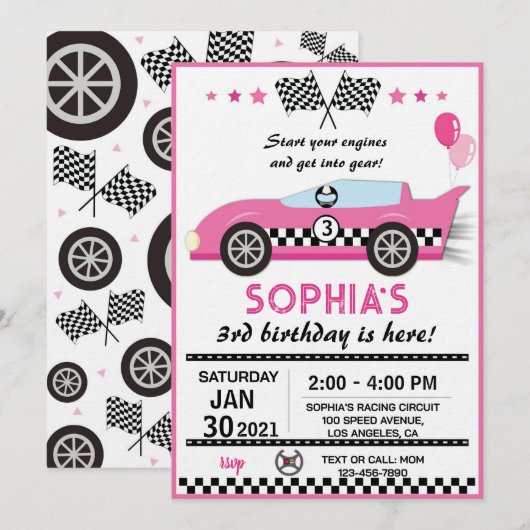 Pink Race Car Birthday Party 招待状 (正面/裏面)