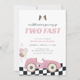 Pink Race Car Girl Two Fast Second Birthday Invite 招待状