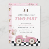 Pink Race Car Girl Two Fast Second Birthday Invite 招待状 (正面/裏面)