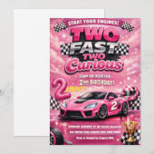 Pink Racing Car Two Fast Two Curious 2nd Birthday 招待状 (正面/裏面)
