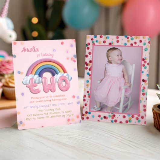 Pink Rainbow 2nd Birthday Invitation with Photo 招待状