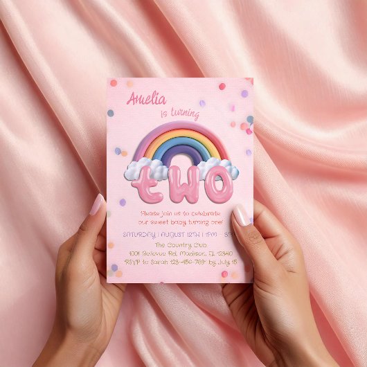 Pink Rainbow 2nd Birthday Invitation with Photo 招待状