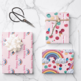Pink Rainbow and Confetti First Birthday ラッピングペーパーシート