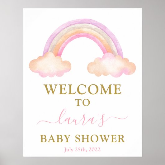 Pink Rainbow Baby Shower Girl Welcome sign ポスター (正面)