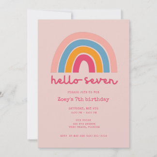 Pink Rainbow Hello Seven Girl 7th Birthday Party 招待状