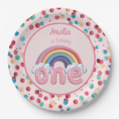 Pink Rainbow Turning One First Birthday ペーパープレート (正面)