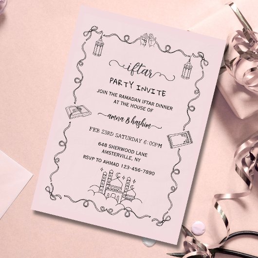 Pink Ramadan Bow doodle ramadan iftar invitations 招待状